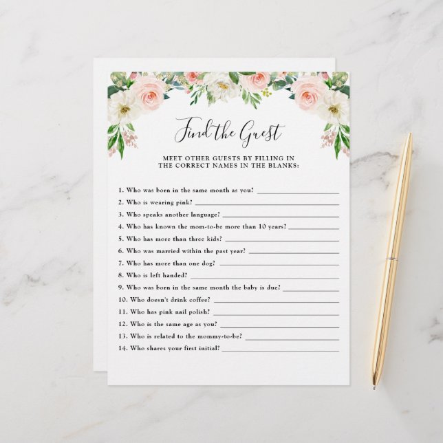 Baby shower rose floral Jeu Trouvez l'invité (Devant/Arrière en situation)