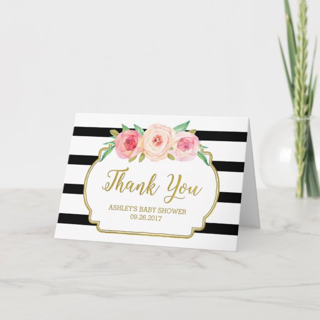 Baby shower rose floral noir rayures  Merci (Devant)