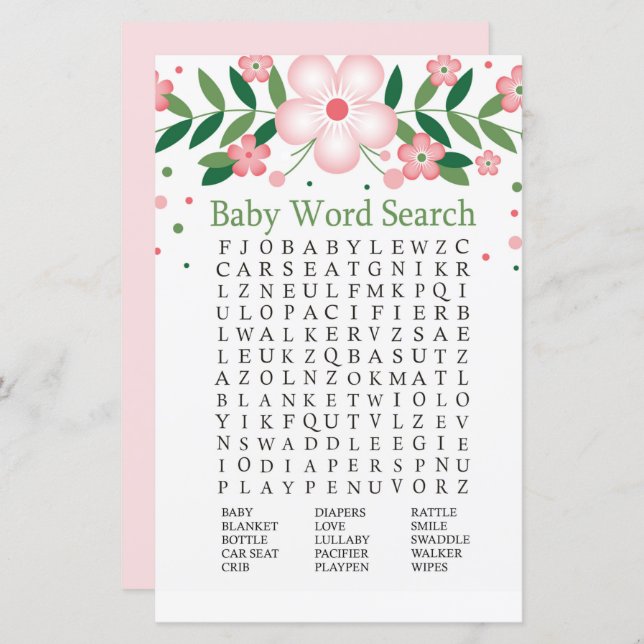 Baby shower rose Floral Word Recherche Jeu (Devant / Derrière)