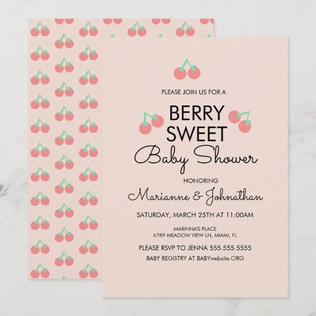 Baby shower rose Fruit simple Cerises Invitation (Devant / Derrière)