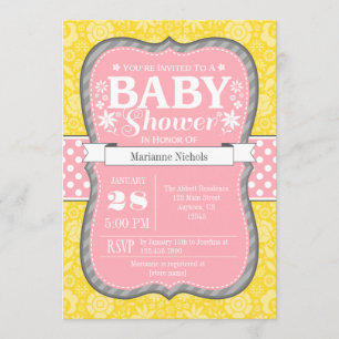 Baby shower rose gris-jaune fleuri Invitation