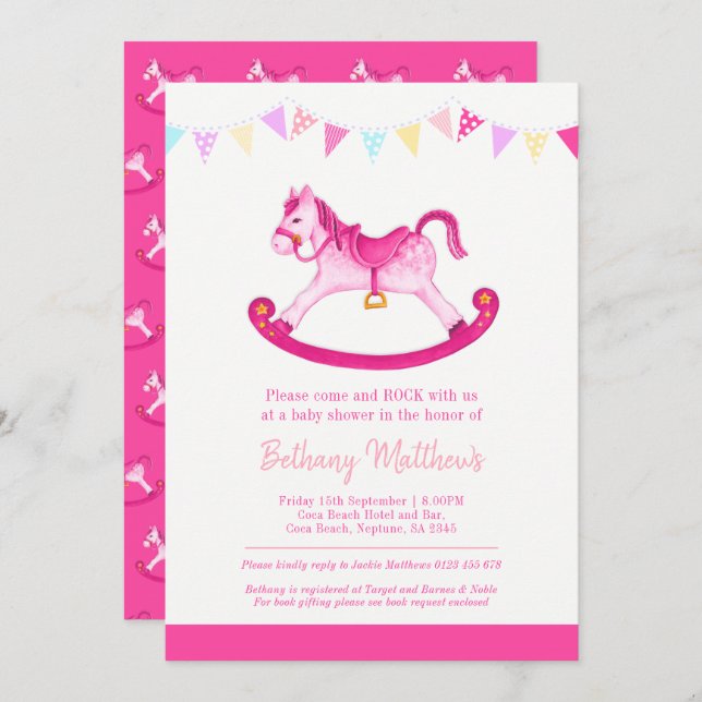 Baby shower rose hobby cheval bouts invitations (Devant / Derrière)