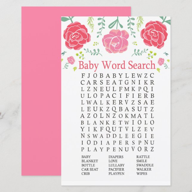 Baby shower rose Jeu de recherche de mots (Devant / Derrière)