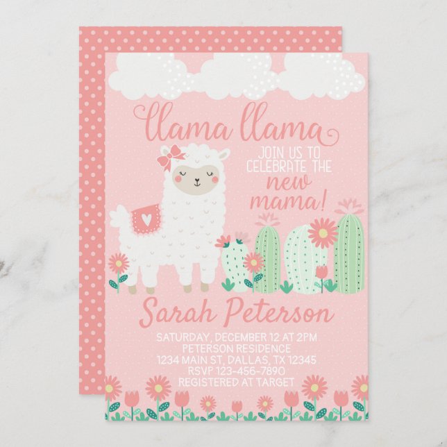 Baby shower rose Llama Invitation de l'invitation (Devant / Derrière)