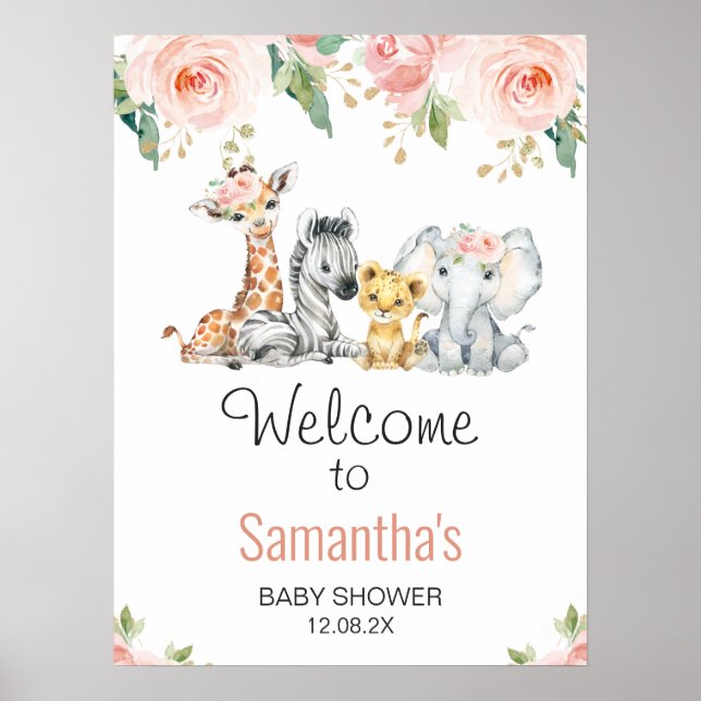 Baby shower rose or Floral Safari Affiche de bienv (Devant)