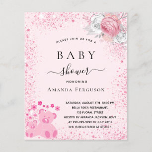 Baby shower rose ours en peluche fille invitation