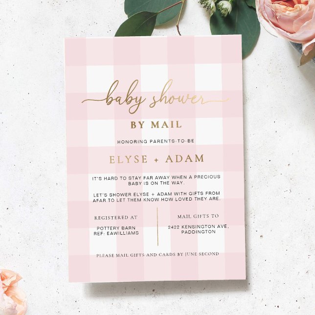 Baby shower Rose Par Mail Foil Invitation (Girl Baby Shower By Mail Invitation Pink Gingham )