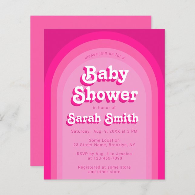 Baby shower rose Retro Arc Budget Invitation fille (Devant / Derrière)