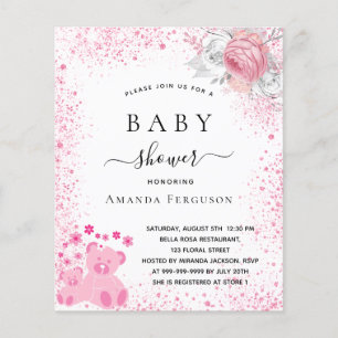 Baby shower rose teddy fille invitation florale