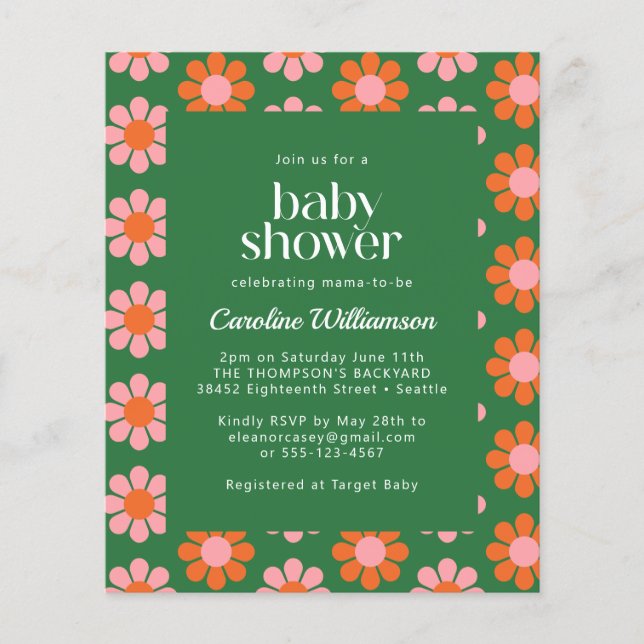 Baby shower rose vert aux fleurs rétro (Devant)
