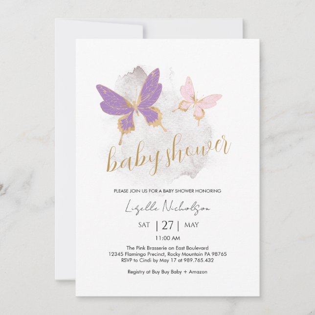 Baby shower rose violet papillon Invitation (Devant)
