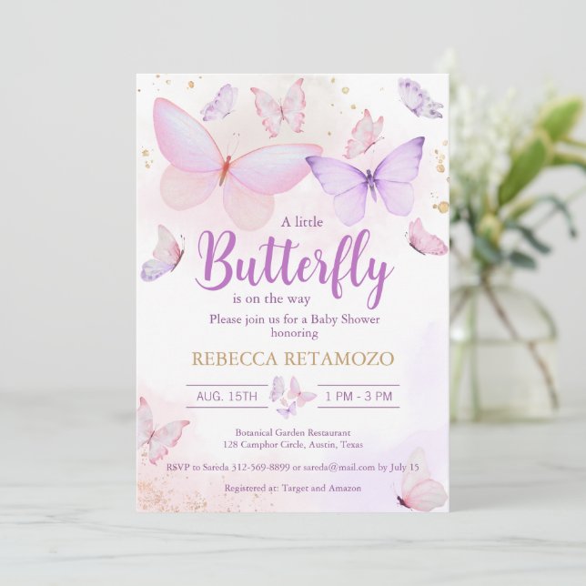 Baby shower rose violet papillon Invitation (Debout devant)