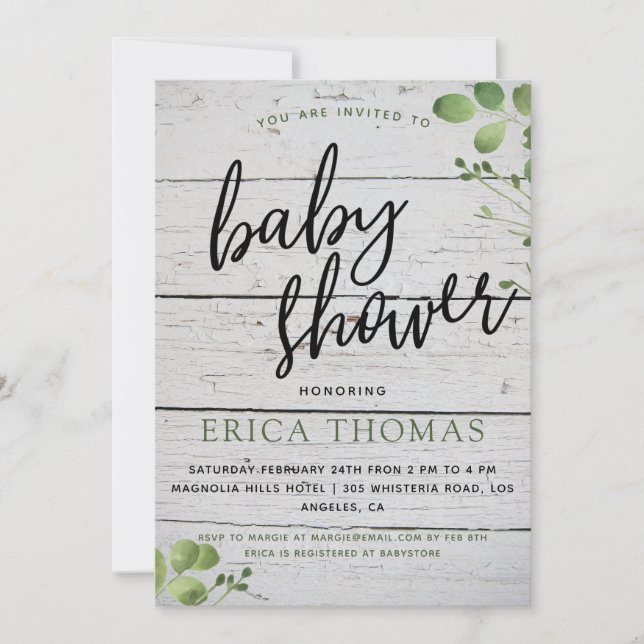 Baby shower Rustic Wood Greenery Typographie Invit (Devant)