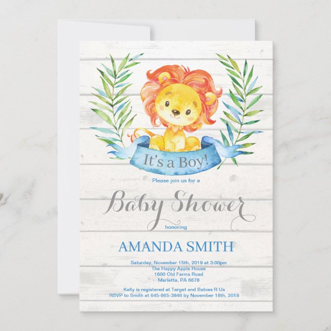 Baby shower Rustique Boy Lion Invitation Bleu (Devant)