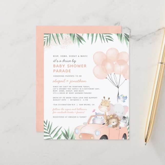 Baby Shower Safari Conduite Budget Blush Rose Doré (Devant/Arrière en situation)
