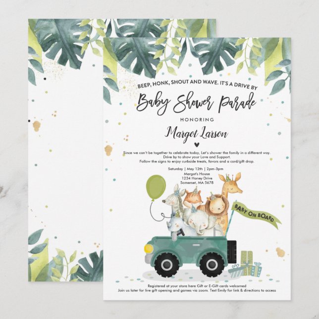 Baby shower Safari Drive By Baby shower Invitation (Devant / Derrière)