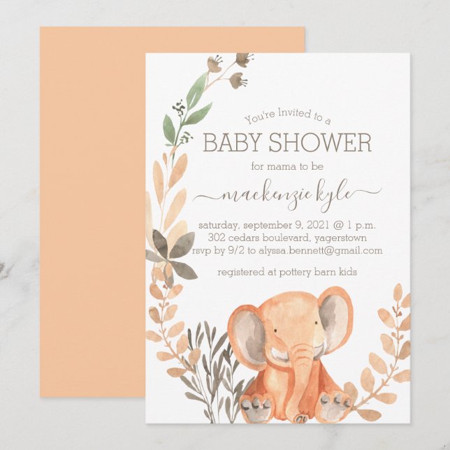 Baby shower Safari Elephant Boho Watercolor (Devant / Derrière)