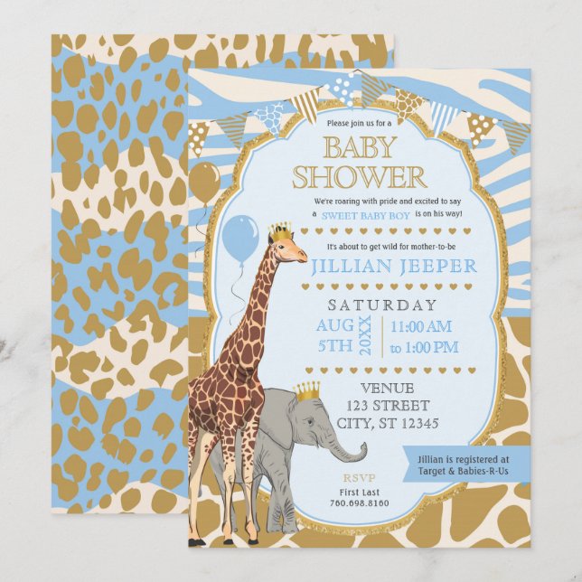 Baby shower Safari Invitation - (Boy Blue) (Devant / Derrière)