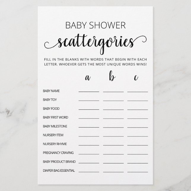 Baby shower Scattergories partie (Devant)