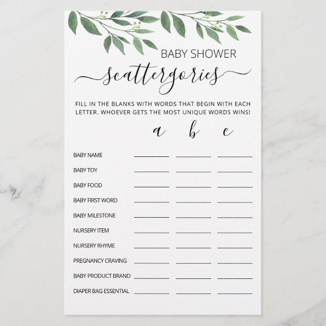 Baby shower Scattergories partie modifiable (Devant)