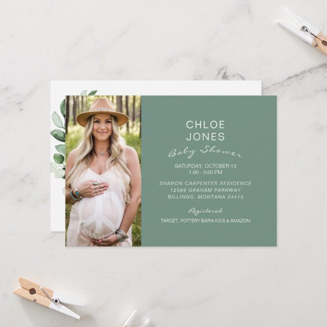 Baby shower simple moderne Photo Sage Invitation (Devant/Arrière en situation)