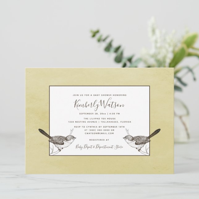 Baby shower Songbird Pair | Invitation jaune (Debout devant)