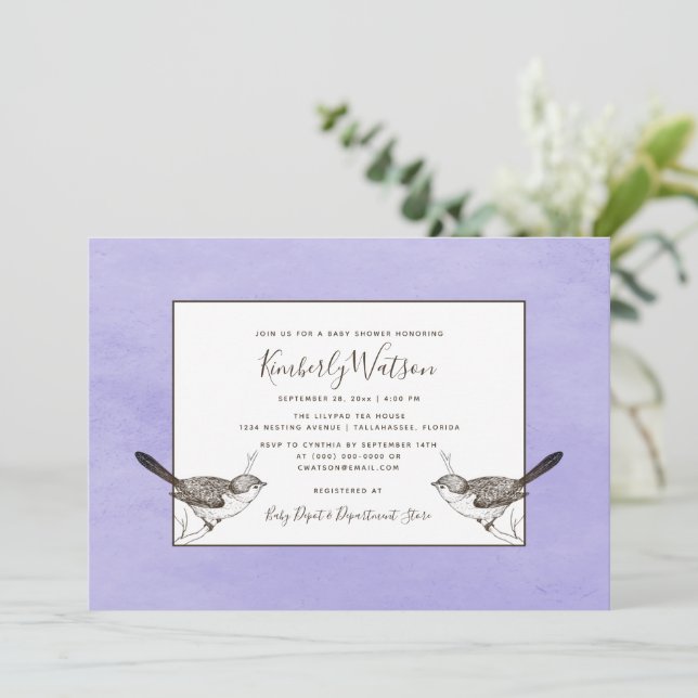 Baby shower Songbird Pair | Purple Invitation (Debout devant)