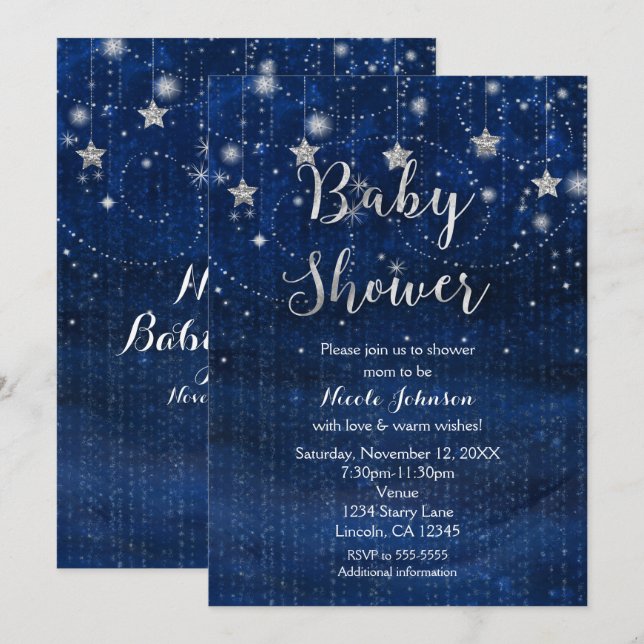 Baby shower Starry Night Blue & Silver Invitation (Devant / Derrière)