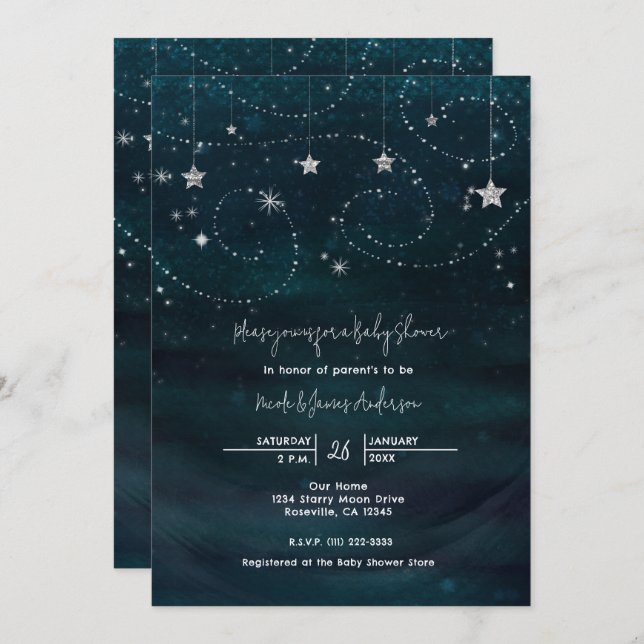 Baby shower Starry Night Blue & Silver Invitation (Devant / Derrière)