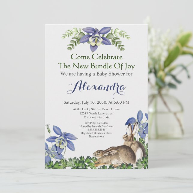 Baby shower Stylish Blue Floral Rabbit Aquarelle (Debout devant)