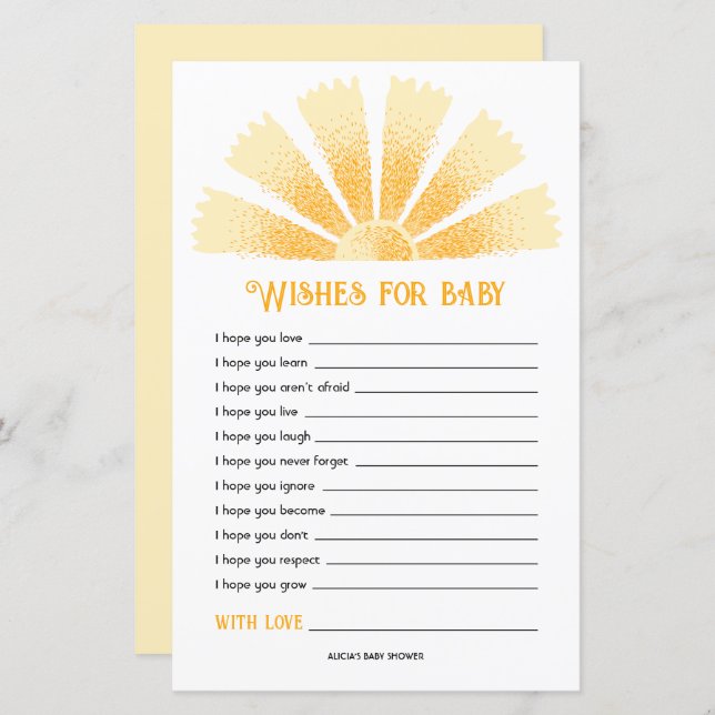 Baby shower Sunshine Les Voeux Pour Bébé (Devant / Derrière)