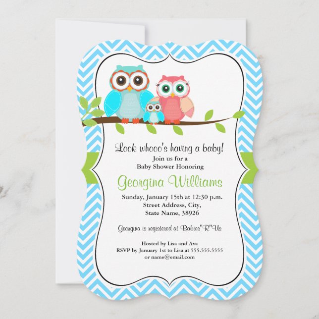 Baby shower Sweet Owl Invitation / Blue Green (Devant)