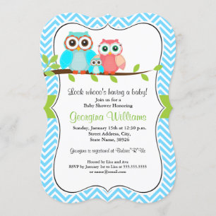 Baby shower Sweet Owl Invitation / Blue Green