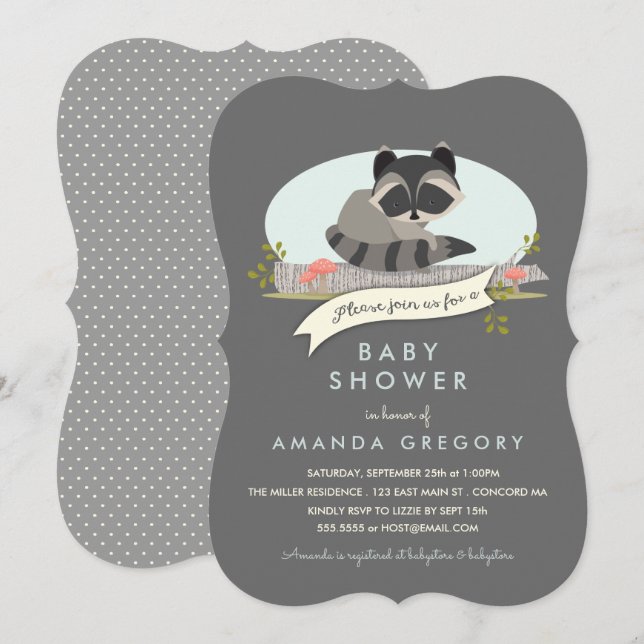 Baby shower Sweet Woodland Raccoon Invitation (Devant / Derrière)