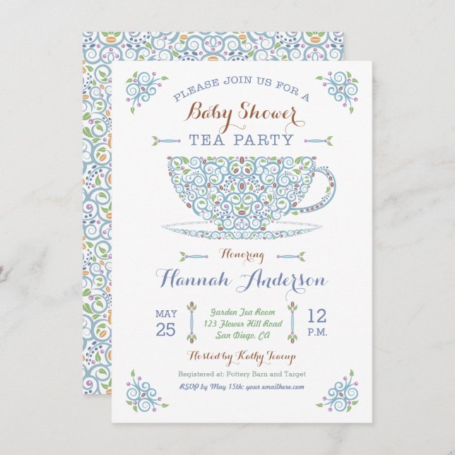 Baby shower Tea Party - Baby Boy II Invitation (Devant / Derrière)