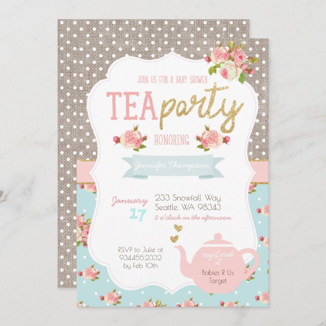 Baby shower Tea Party Invitation (Devant / Derrière)