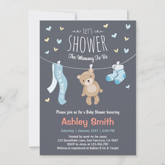 Baby shower Teddy Bear Invitation Baby Boy (Devant)