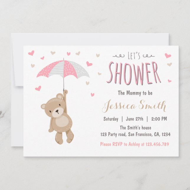 Baby shower Teddy Bear Invitation Baby Girl Rose (Devant)