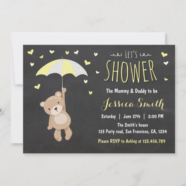 Baby shower Teddy Bear Invitation Girl Garçon Jaun (Devant)