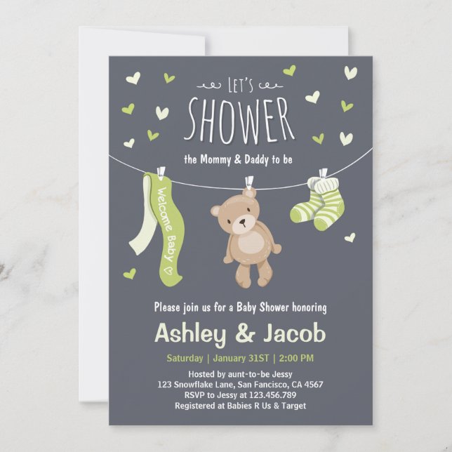 Baby shower Teddy Bear Invitation Lime Green (Devant)