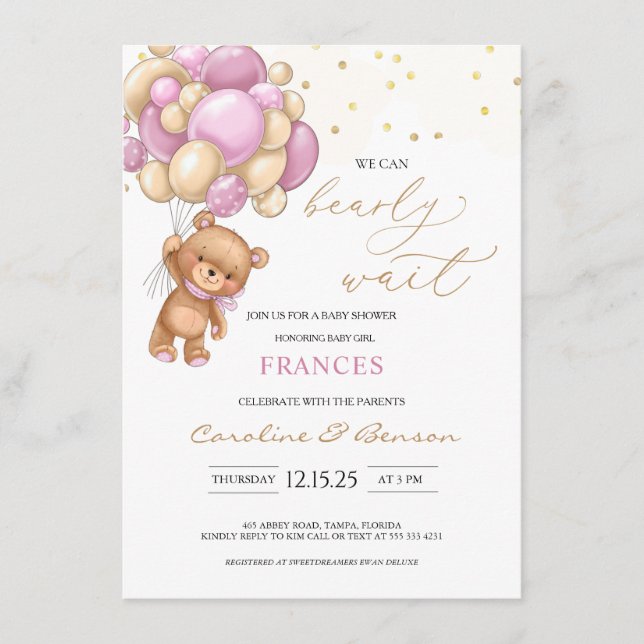 Baby shower Teddy Bear Pink Balloons Invitation (Devant)