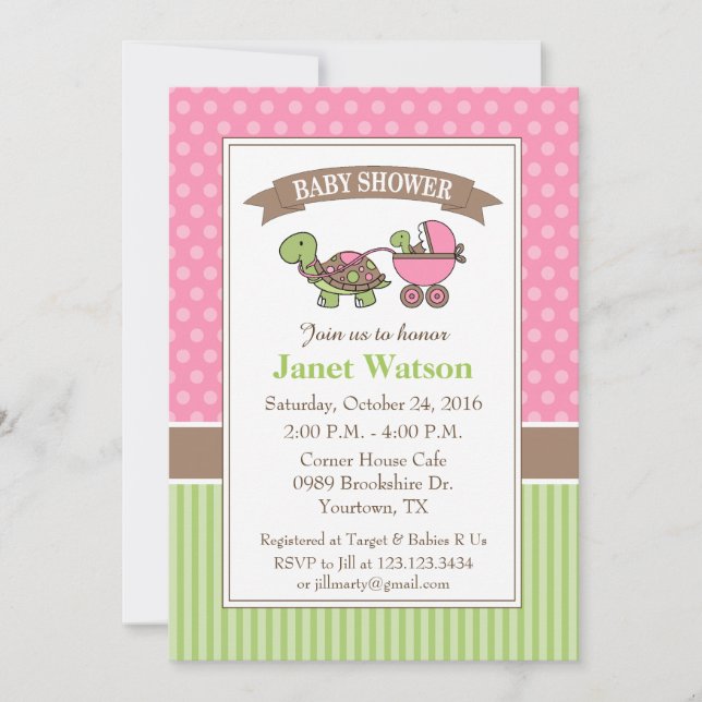 Baby shower tortue Invitation rose (Devant)