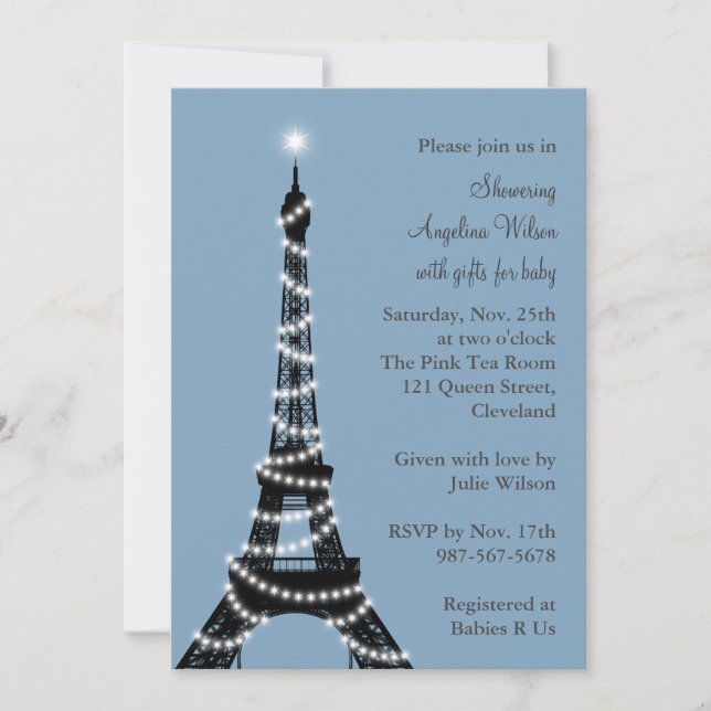 Baby shower Tour Eiffel Invitation (bleu) (Devant)