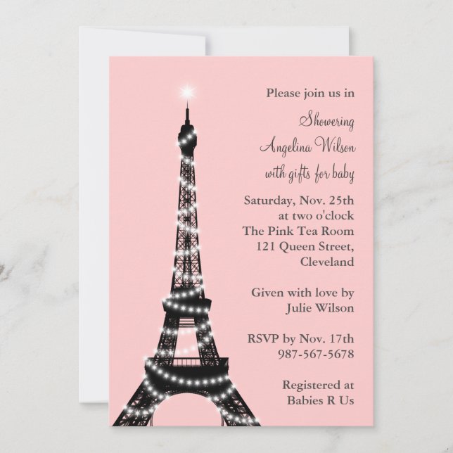 Baby shower Tour Eiffel Invitation (rose) (Devant)