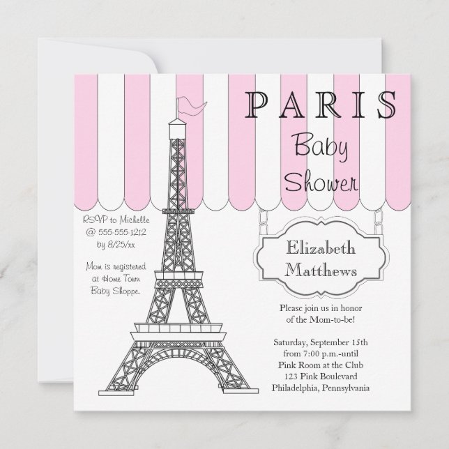 Baby shower Tour Eiffel Paris Rose Invitation (Devant)