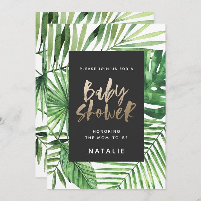 Baby shower Tropical palm et or script invitation (Devant / Derrière)