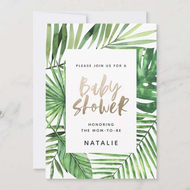 Baby shower Tropical palm et or script invitation (Devant)