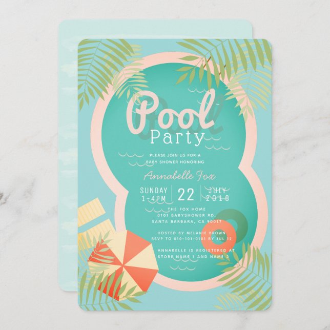 Baby shower Turquoise Blue Pool Party Invitation (Devant / Derrière)