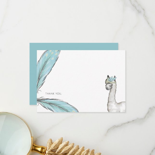 Baby shower Turquoise Boho Lama Merci Note (Devant/Arrière en situation)
