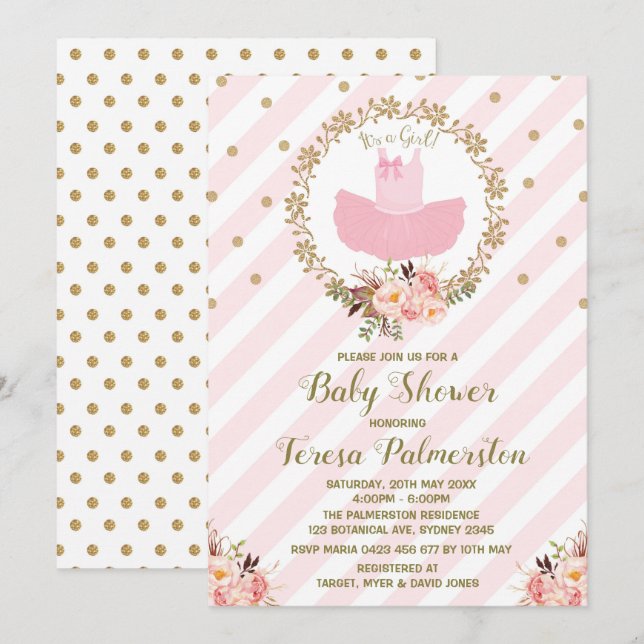 Baby shower Tutu rose Invitation Ballerina Ballet (Devant / Derrière)